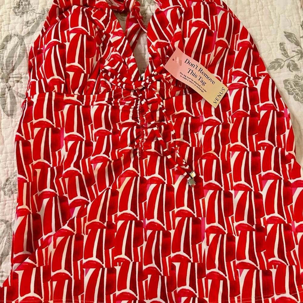 NWT Venus Red and White Halter Tankini Top, Size 14